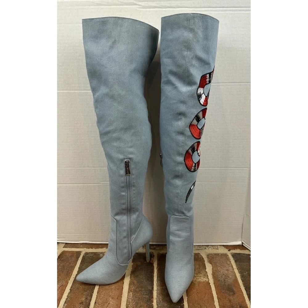 Cape Robbin Thigh High Boots Denim Edgy Snake Black Red Pointy Toe Size 5.5